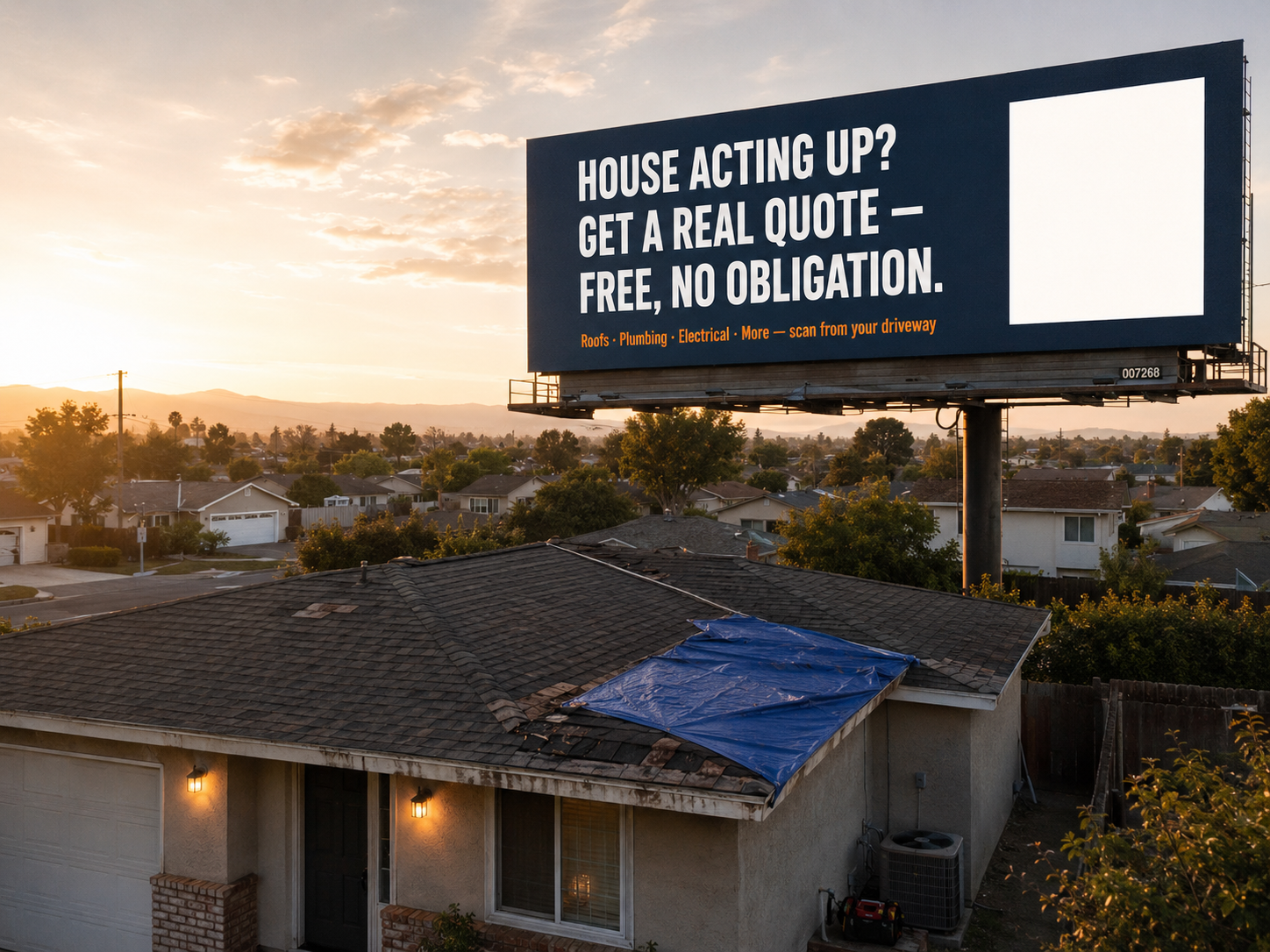 Neighborhood billboard above rooftops at sunset reading: House acting up? Get a real quote — free, no obligation. A house below has a blue tarp over storm-damaged shingles.